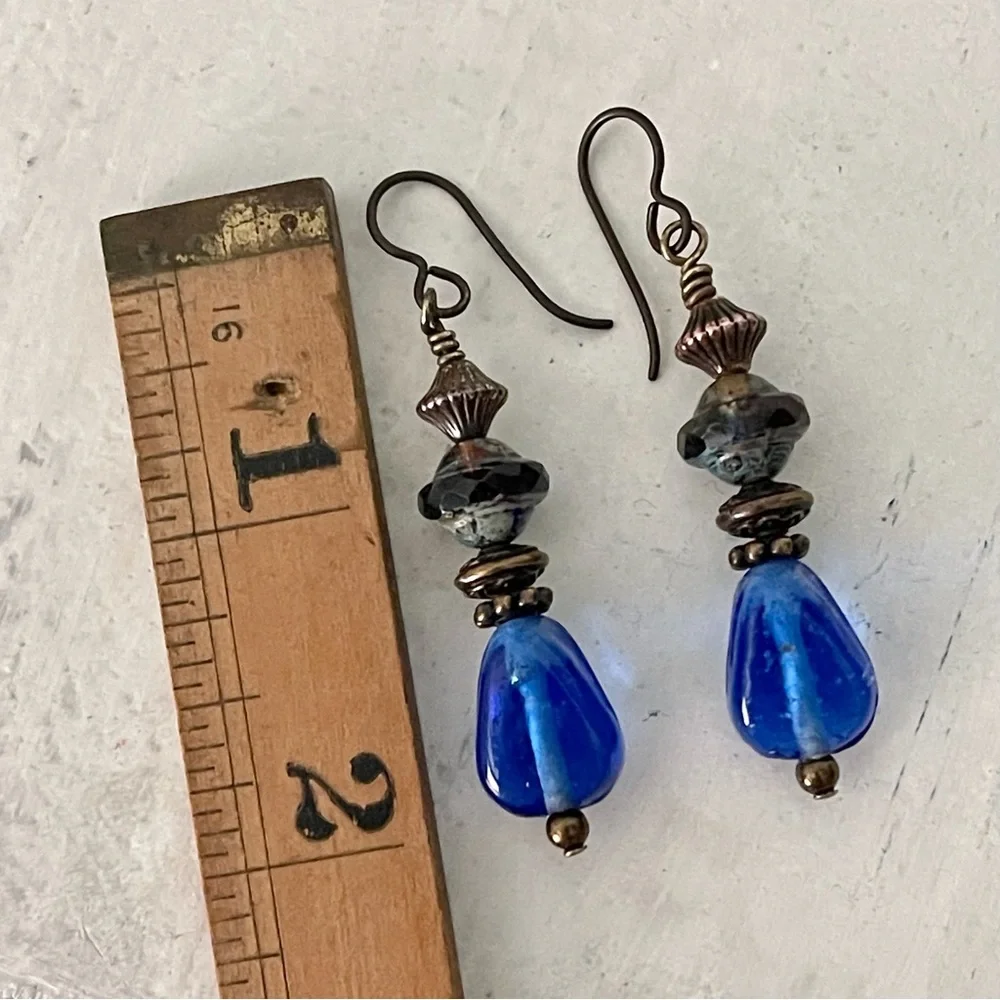 Artisan Earrings - “Brassy Cobalt Blues”Dangles - Picture 6 of 9